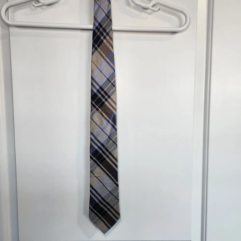 Burma Bibas Silk Tie Mens Plaid Tan Blue Navy Woven Designer Classic 3.5”W 58”L